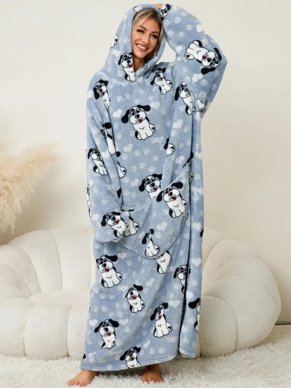 Fuzzy Pocketed Long Sleeve Hooded Lounge Dress Light Blue One Size Easy Apparels