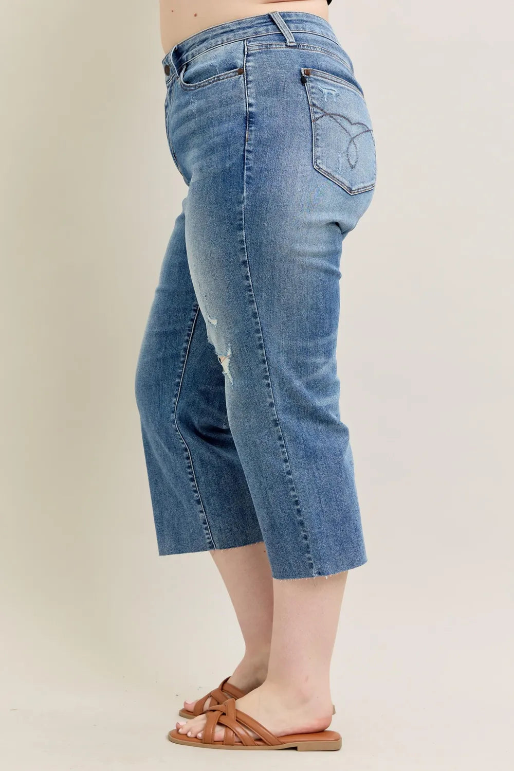 Judy Blue Plus Size High Waist Back Destroy & Raw Cut Hem Crop Wide Easy Apparels