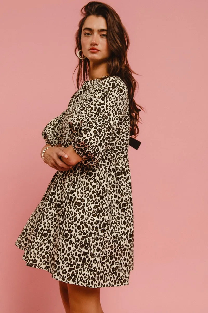 BiBi Leopard Denim Dress With Back Contrast Tie Detail Easy Apparels