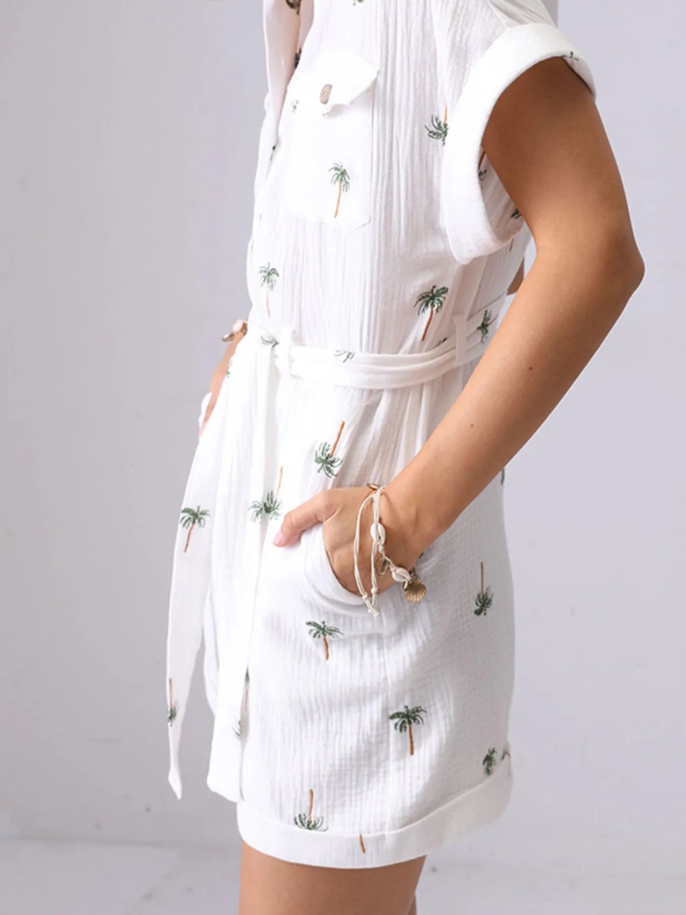 Palm Tree Print Short Sleeve Button-Up Romper with Belt Easy Apparels