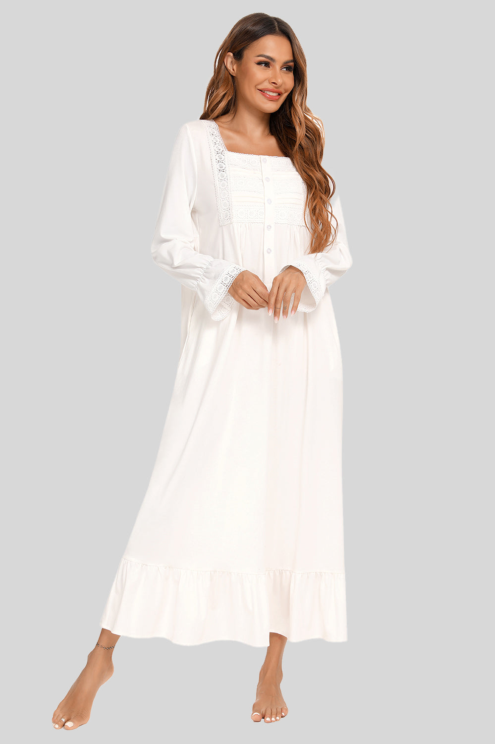 Lace Detail Square Neck Flounce Sleeve Night Dress White Easy Apparels