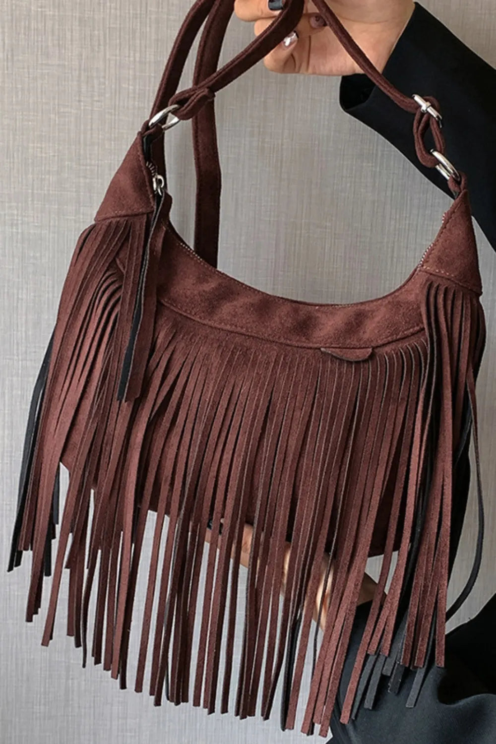 Suede Fringe Adjustable Strap Shoulder Bag Dark Brown One Size Easy Apparels