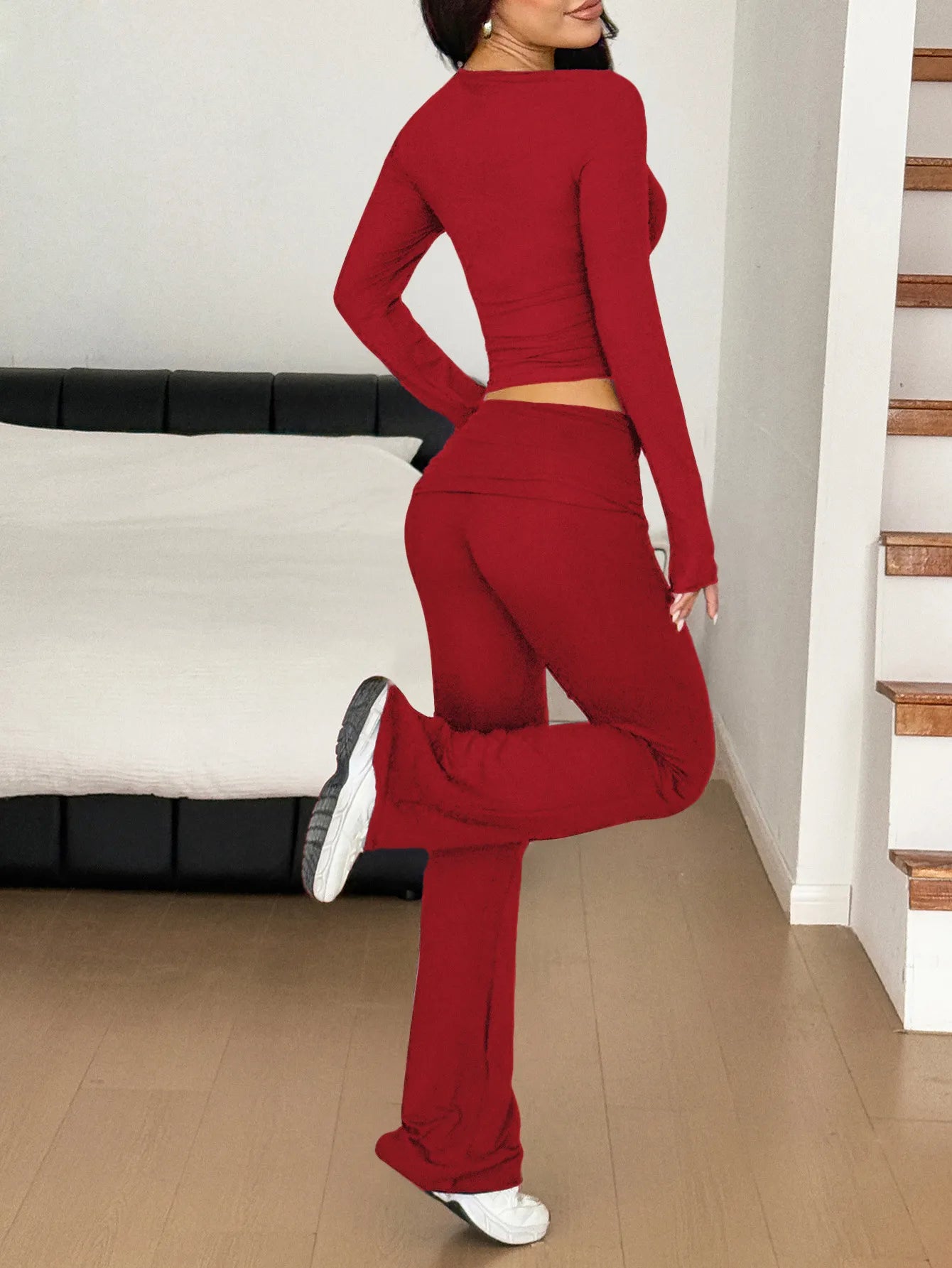 Long Sleeve Crop Top and Bootcut Pants Set Easy Apparels