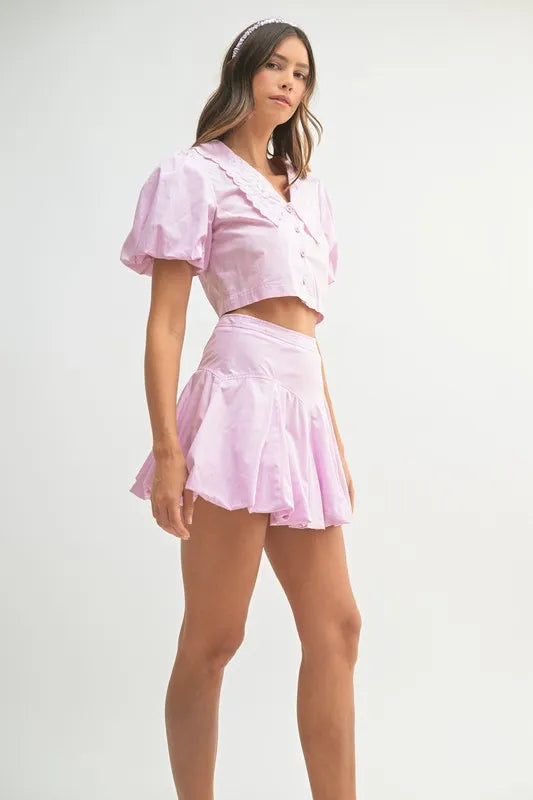 MABLE Puff Sleeve Button Down Top and Bubble Skirt Set Easy Apparels