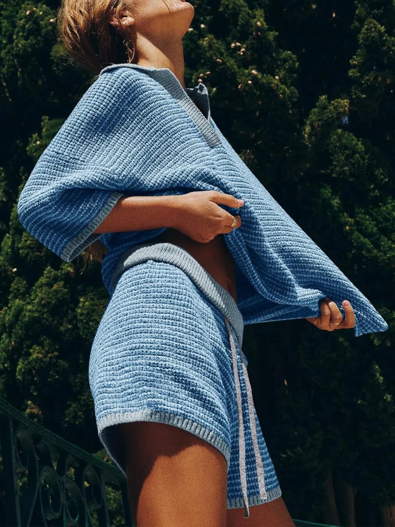 Collared Neck Contrast Striped Top and Shorts Sweater Set Easy Apparels