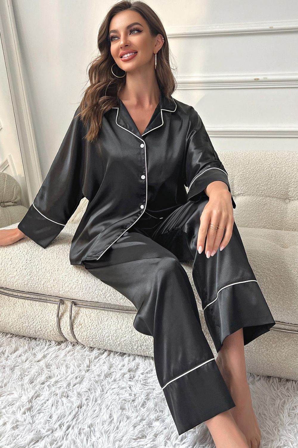 Contrast Piping Button-Up Top and Pants Pajama Set Easy Apparels