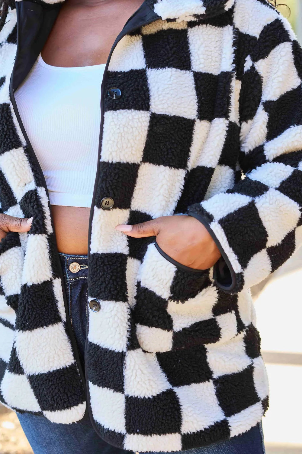 Double Take Full Size Checkered Button Front Coat with Pockets Easy Apparels