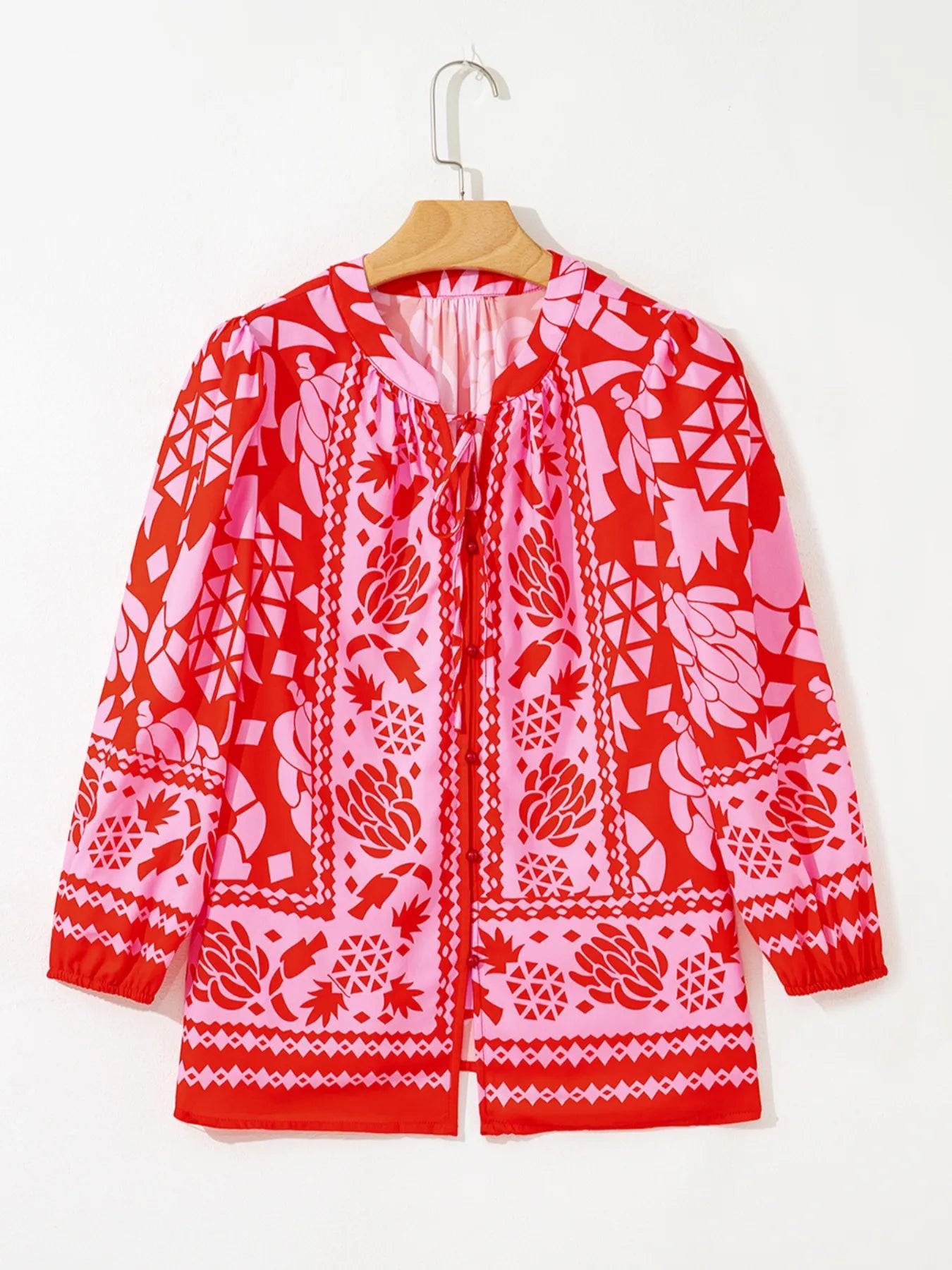 Trendsi Floral Print Tie-Neck Button Down Shirt