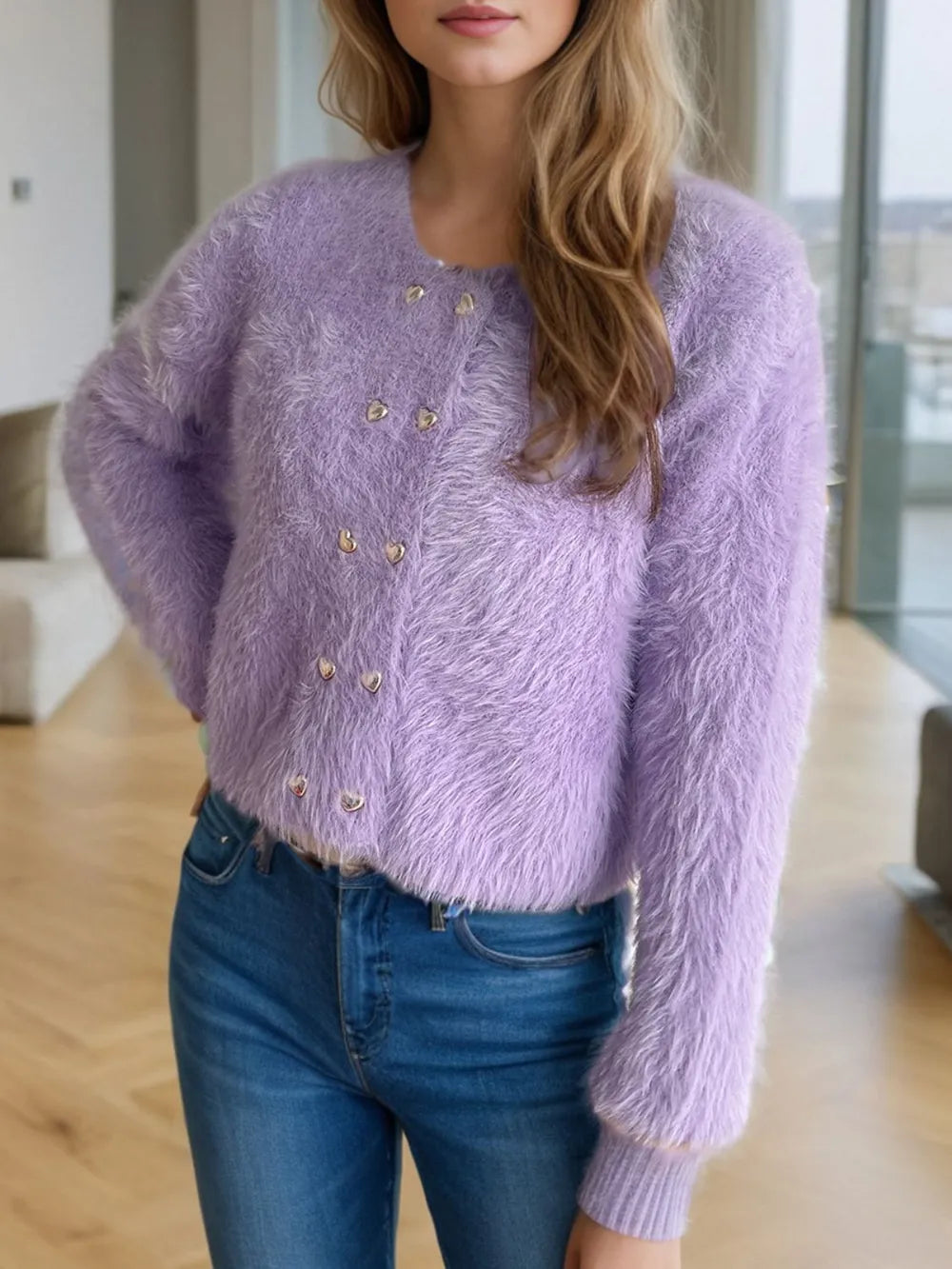 Heart Button Round Neck Cardigan Easy Apparels