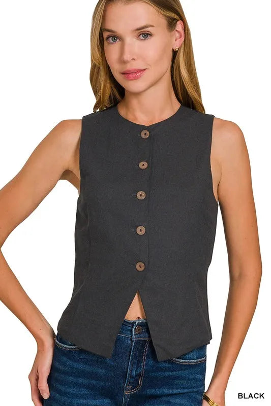 Zenana Linen Button Down Vest Easy Apparels