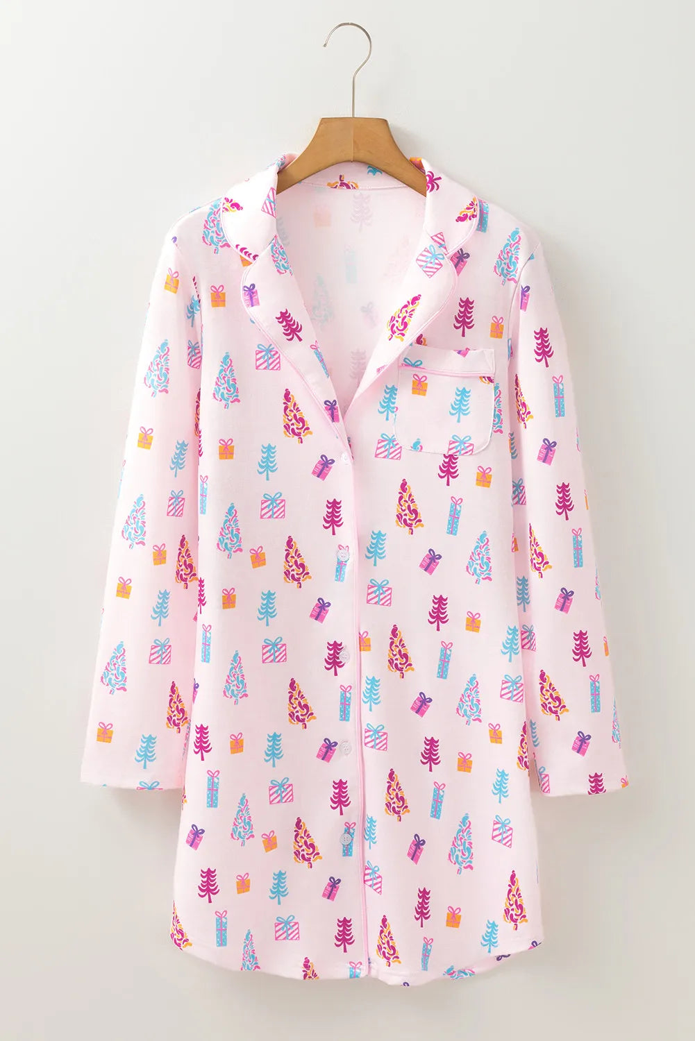 Printed Collared Neck Long Sleeve Lounge Dress Easy Apparels
