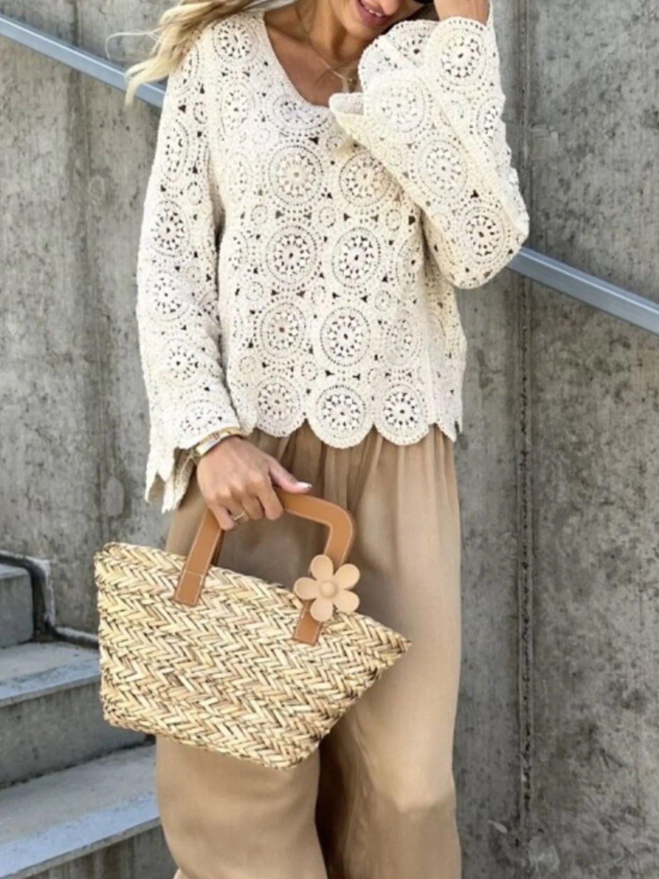 Trendsi Crochet Lace V-Neck Bell Sleeve Knit Top