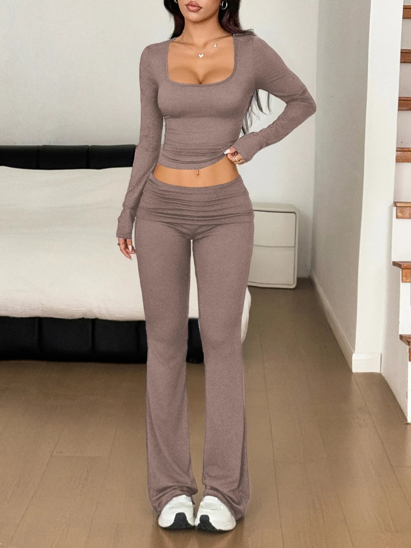 Long Sleeve Crop Top and Bootcut Pants Set Easy Apparels