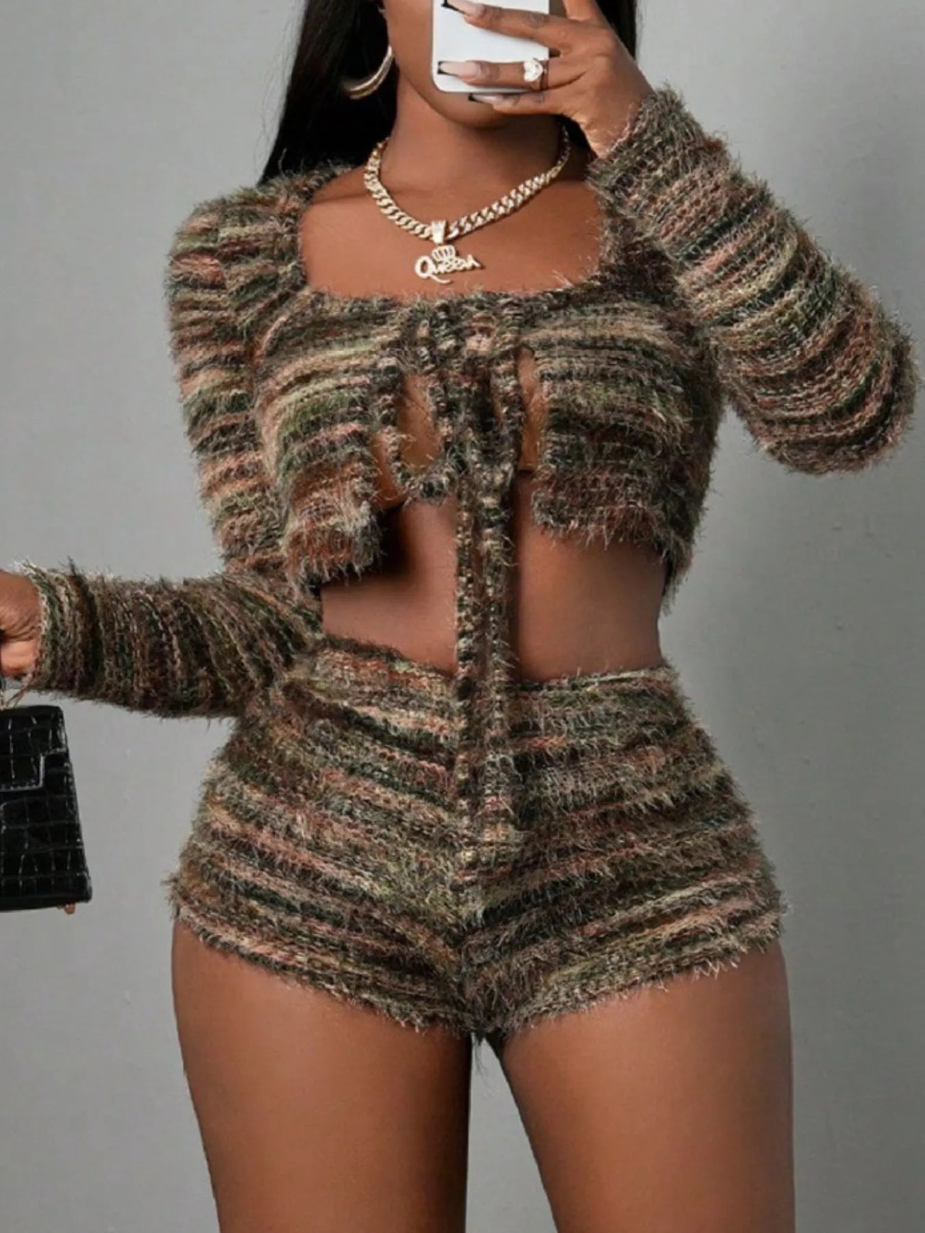 Square Neck Crop Top and Shorts Sweater Set Easy Apparels