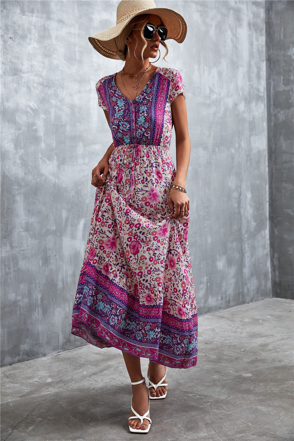Trendsi V-Neck Short Sleeve Printed Maxi Dress