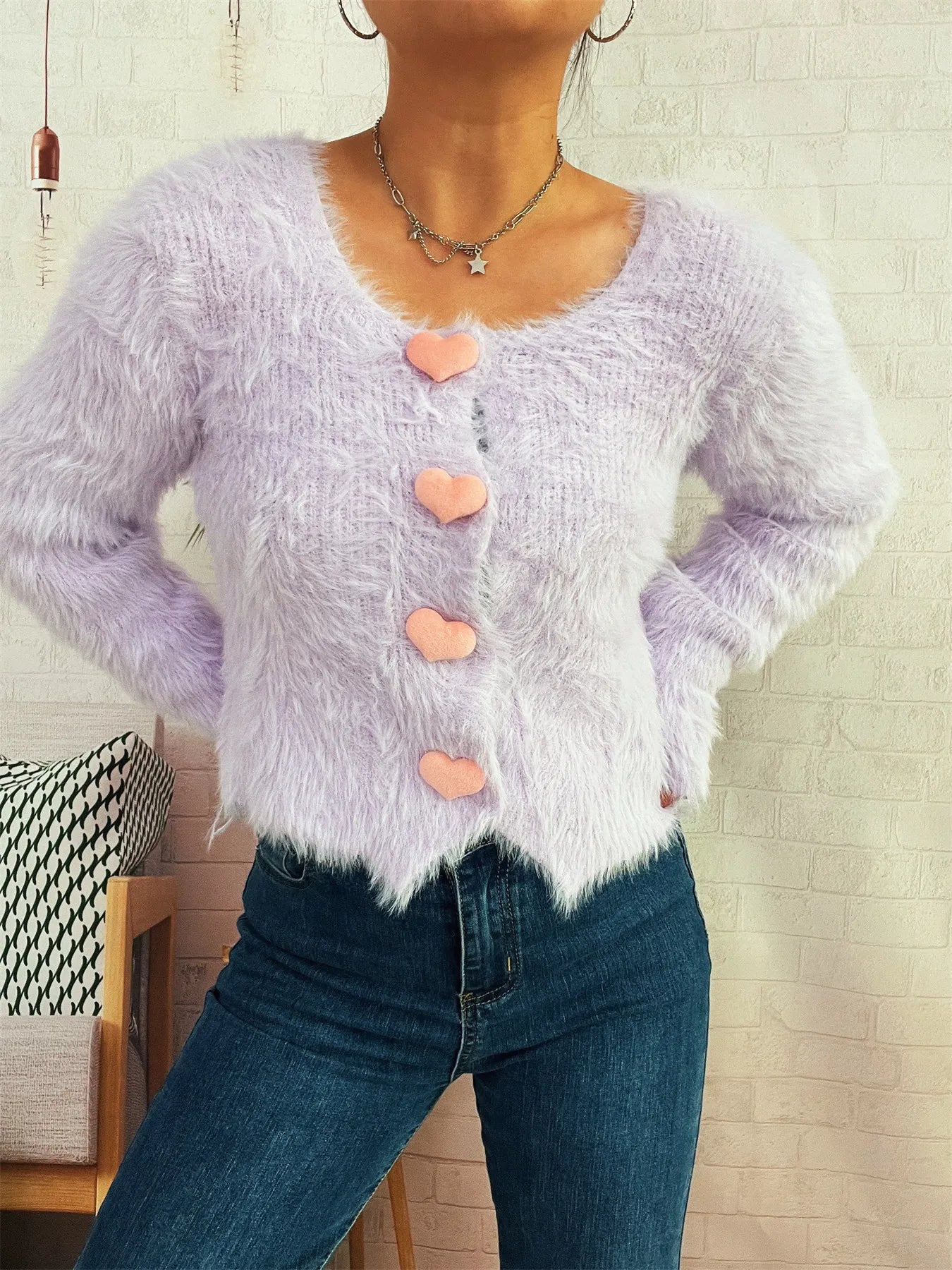 Fuzzy Heart Shape Button-Up Cardigan Easy Apparels