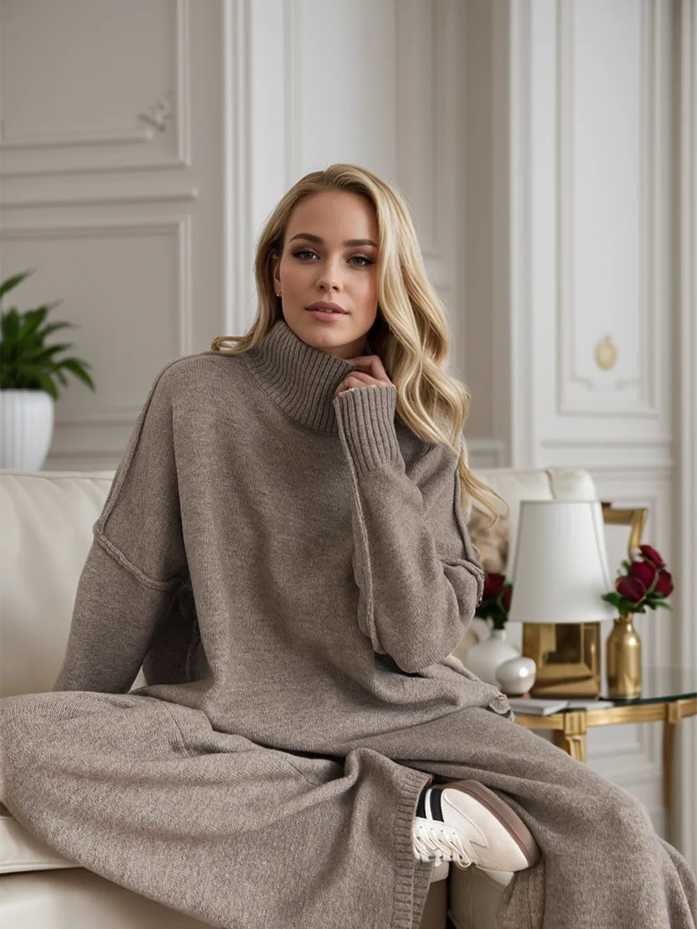 Slit Turtleneck Long Sleeve Top and Pants Sweater Set Taupe One Size Easy Apparels