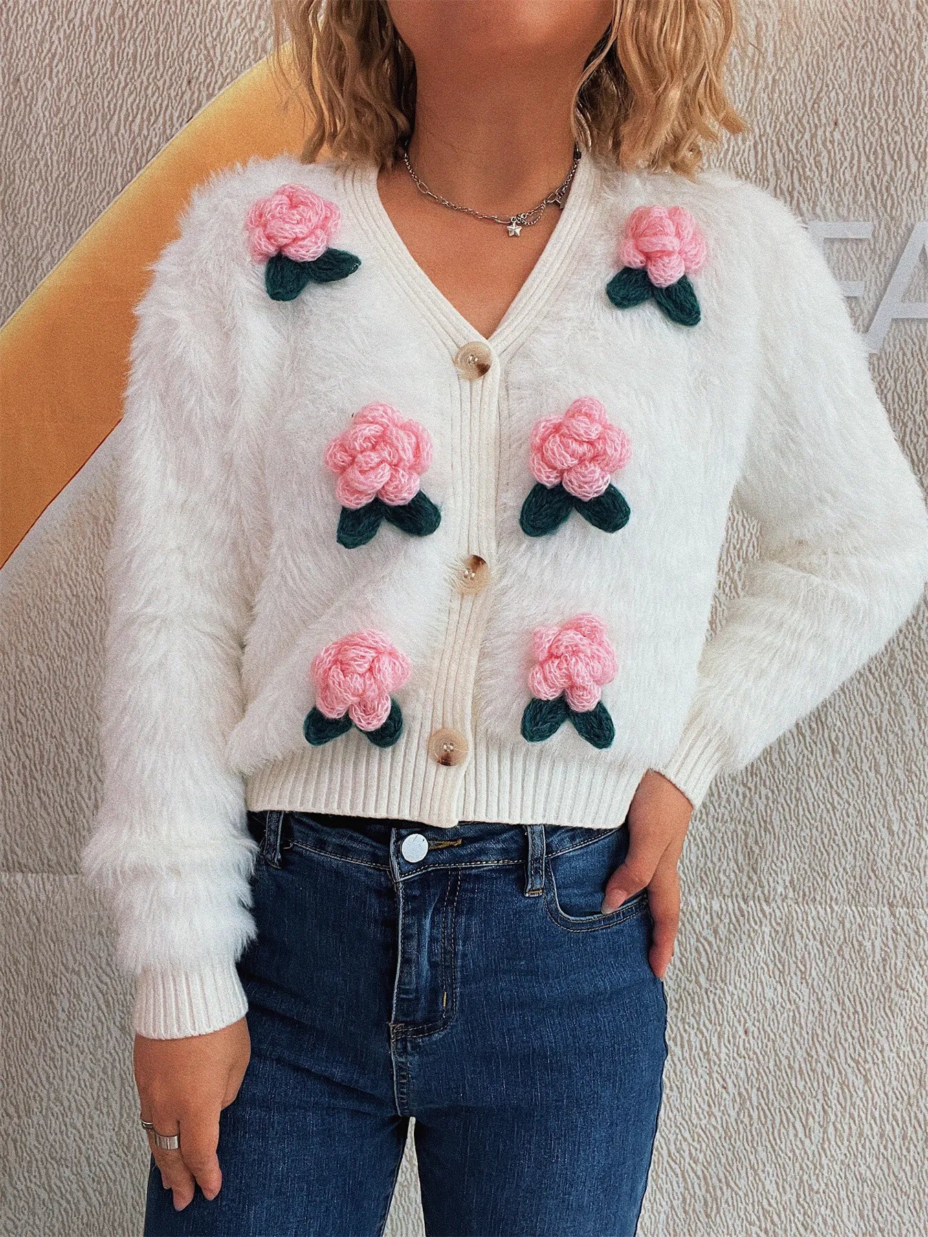 Flower Fuzzy Button-Up Cardigan Easy Apparels