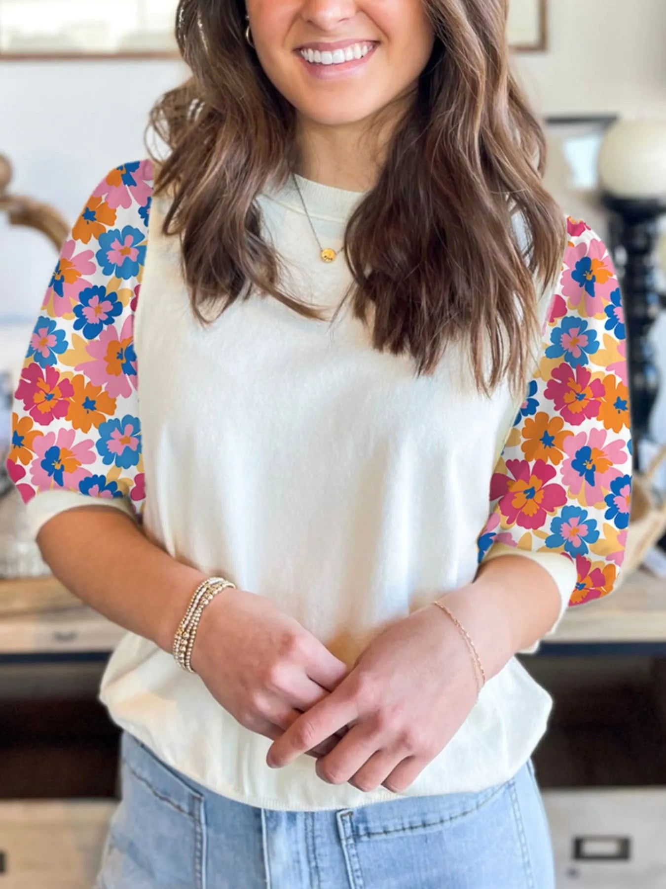 Trendsi Floral Puff Sleeve Round Neck T-Shirt