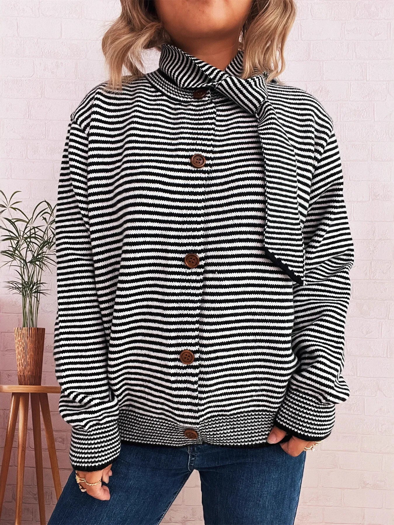 Striped Button Up Long Sleeve Cardigan Easy Apparels