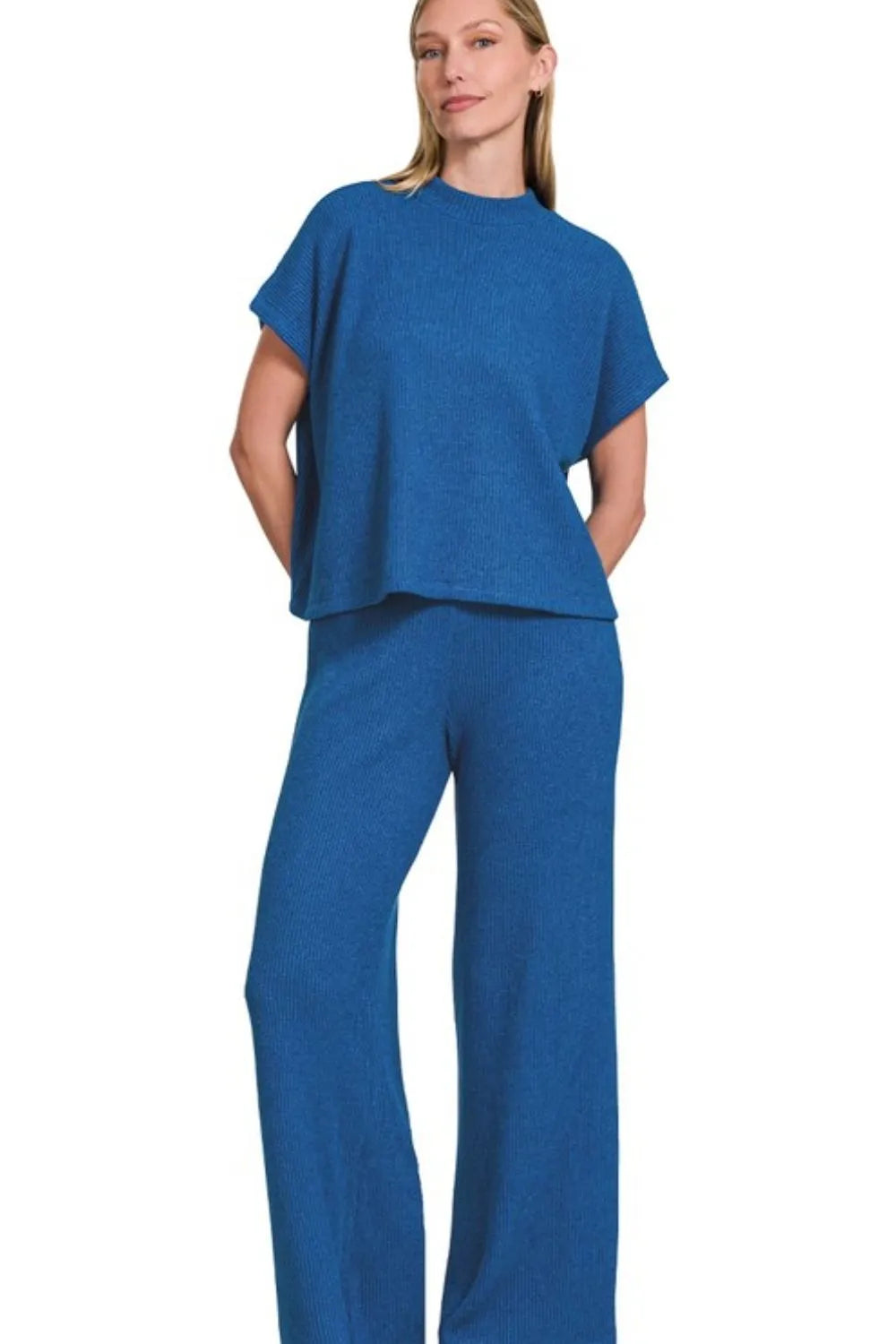 Zenana Rolled Sleeve Top and Pants Sweater Set Easy Apparels