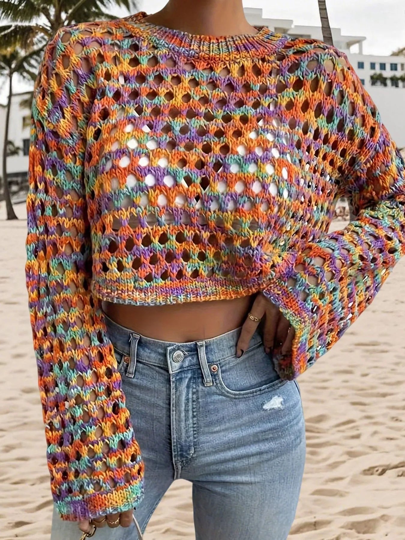Trendsi Rainbow Crochet Hollow Out Cropped Sweater