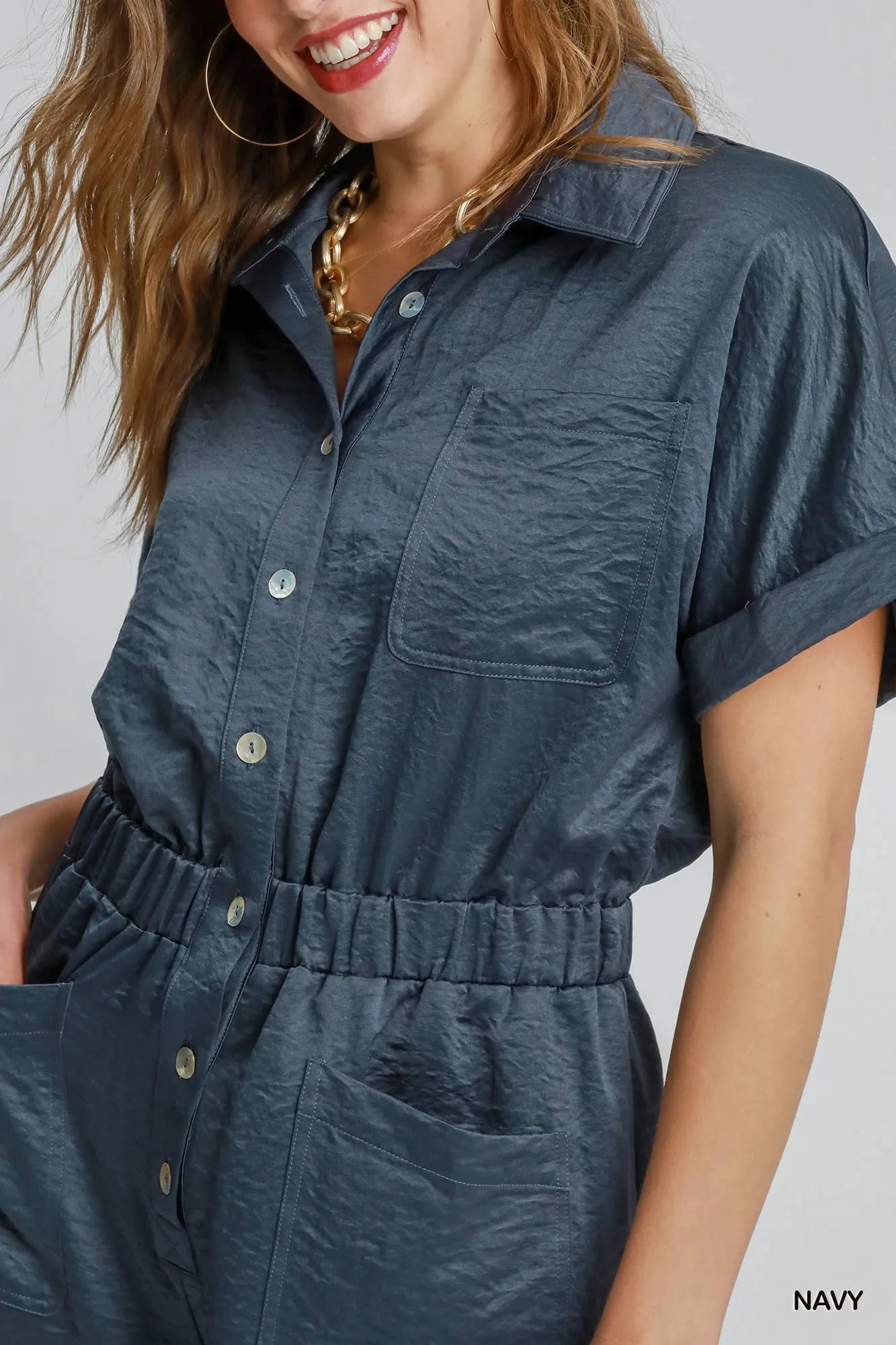 Umgee Button Down Charmeuse Romper Easy Apparels