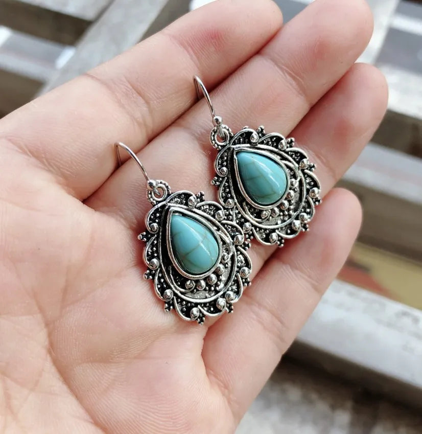 Artificial Turquoise Alloy Teardrop Dangle Earrings Easy Apparels
