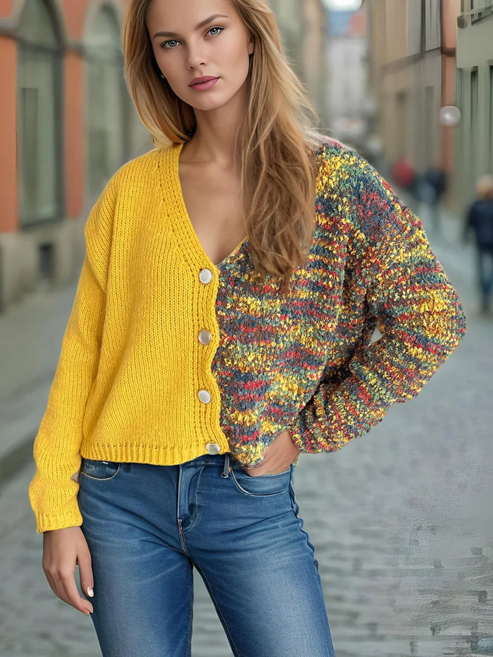 Contrast Button Up V-Neck Cropped Cardigan Yellow One Size Easy Apparels
