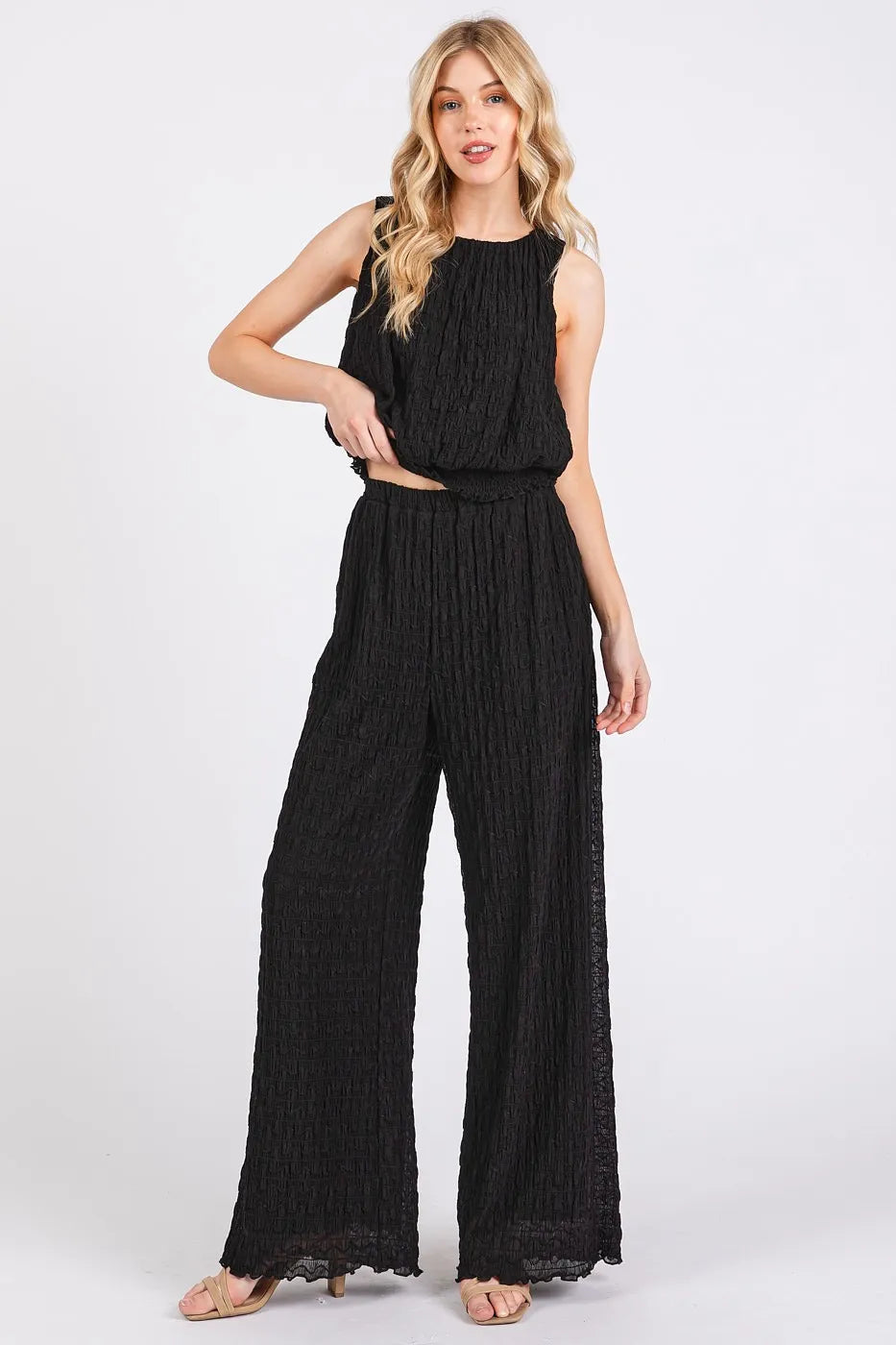 Mittoshop Textured Stretchy Crop Tank and Pants Set Easy Apparels