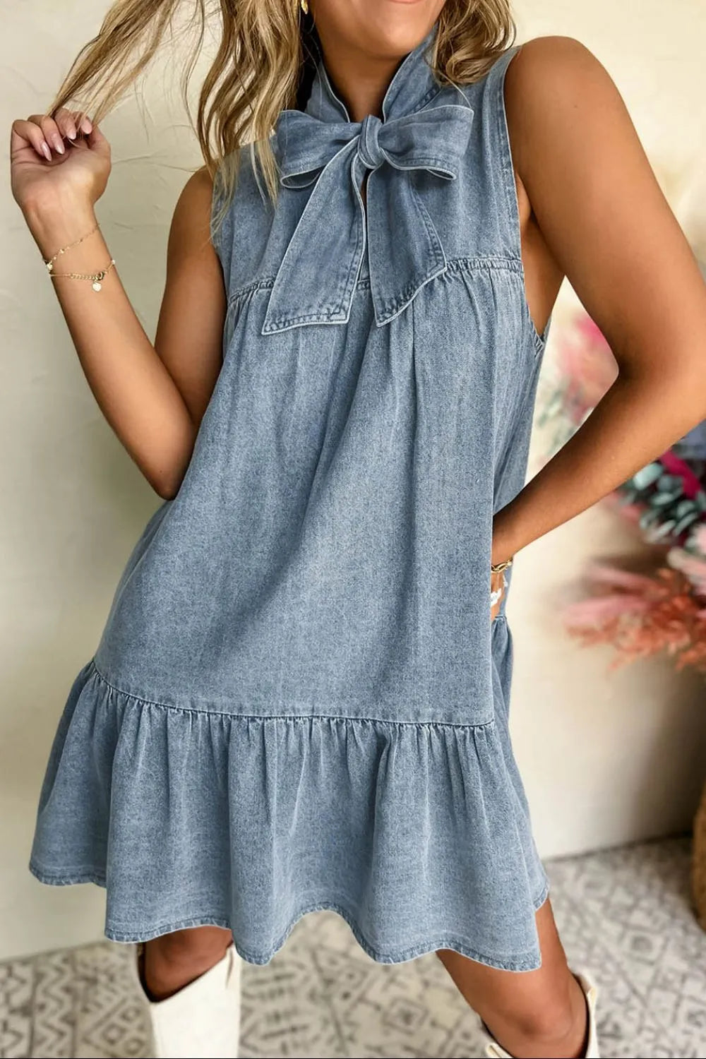 Tie Neck Sleeveless Denim Dress Dusty Blue Easy Apparels