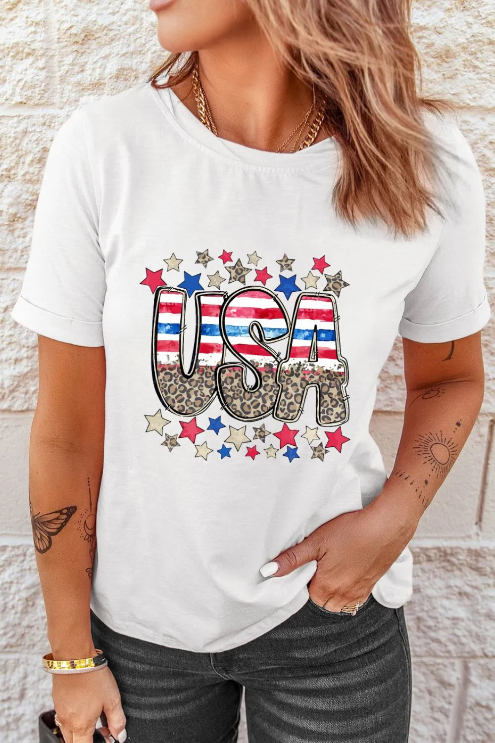 Trendsi Patriotic Star Leopard USA Letter Graphic T Shirt