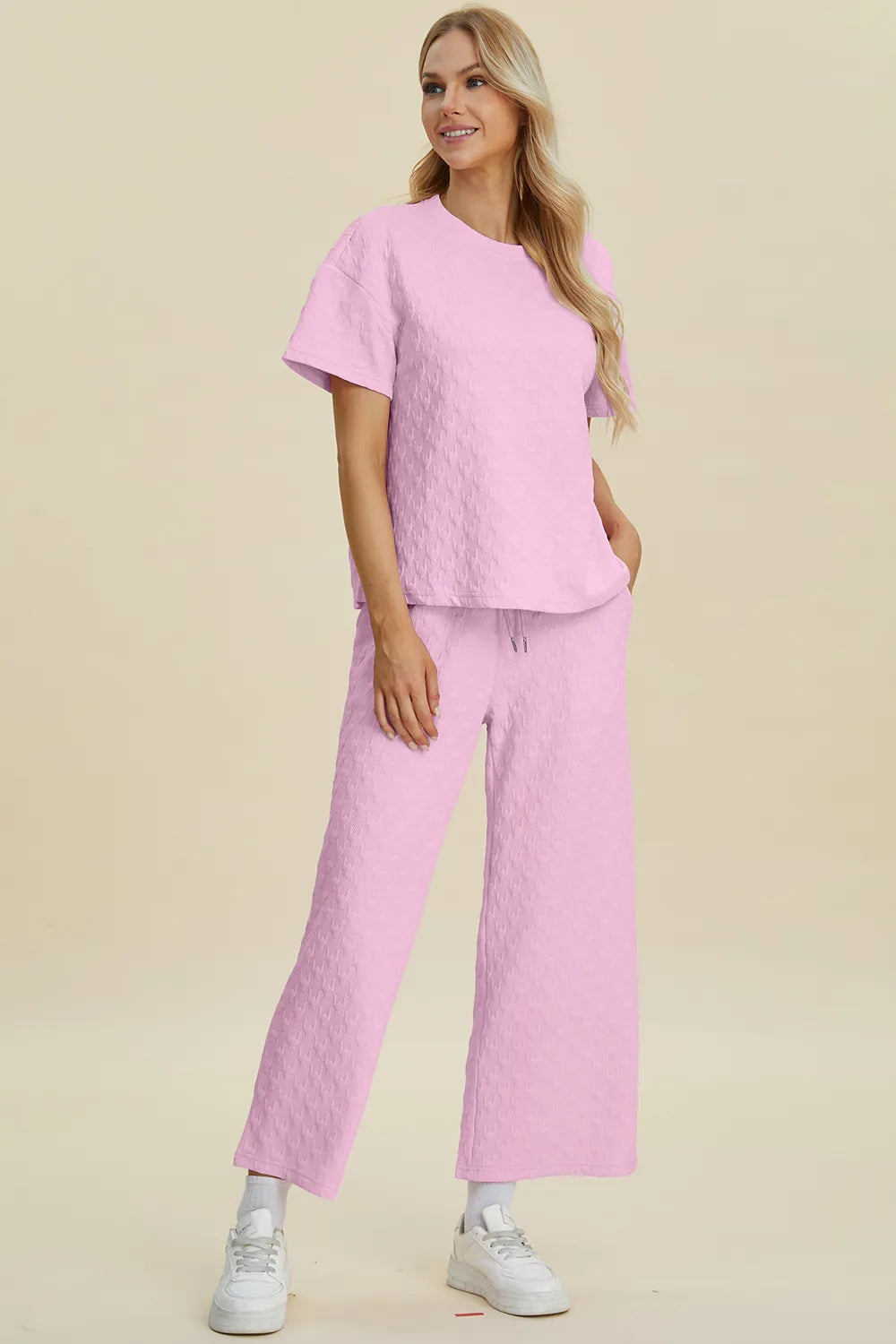 Double Take Full Size Texture Round Neck Short Sleeve Top and Pants Set Easy Apparels