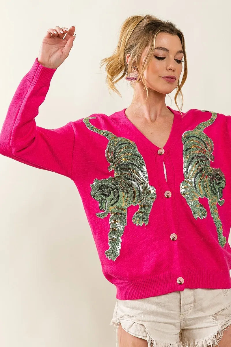BiBi Front Tiger Sequin Patch V-neck Sweater Cardigan Easy Apparels