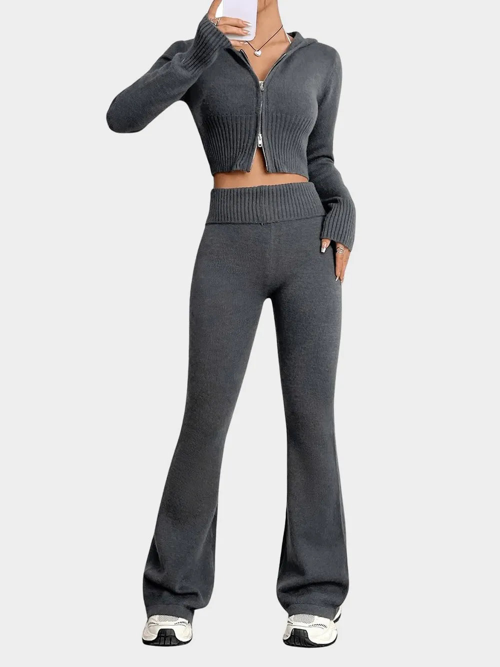 Zip Up Hooded Top and Flare Pants Sweater Set Dark Gray One Size Easy Apparels