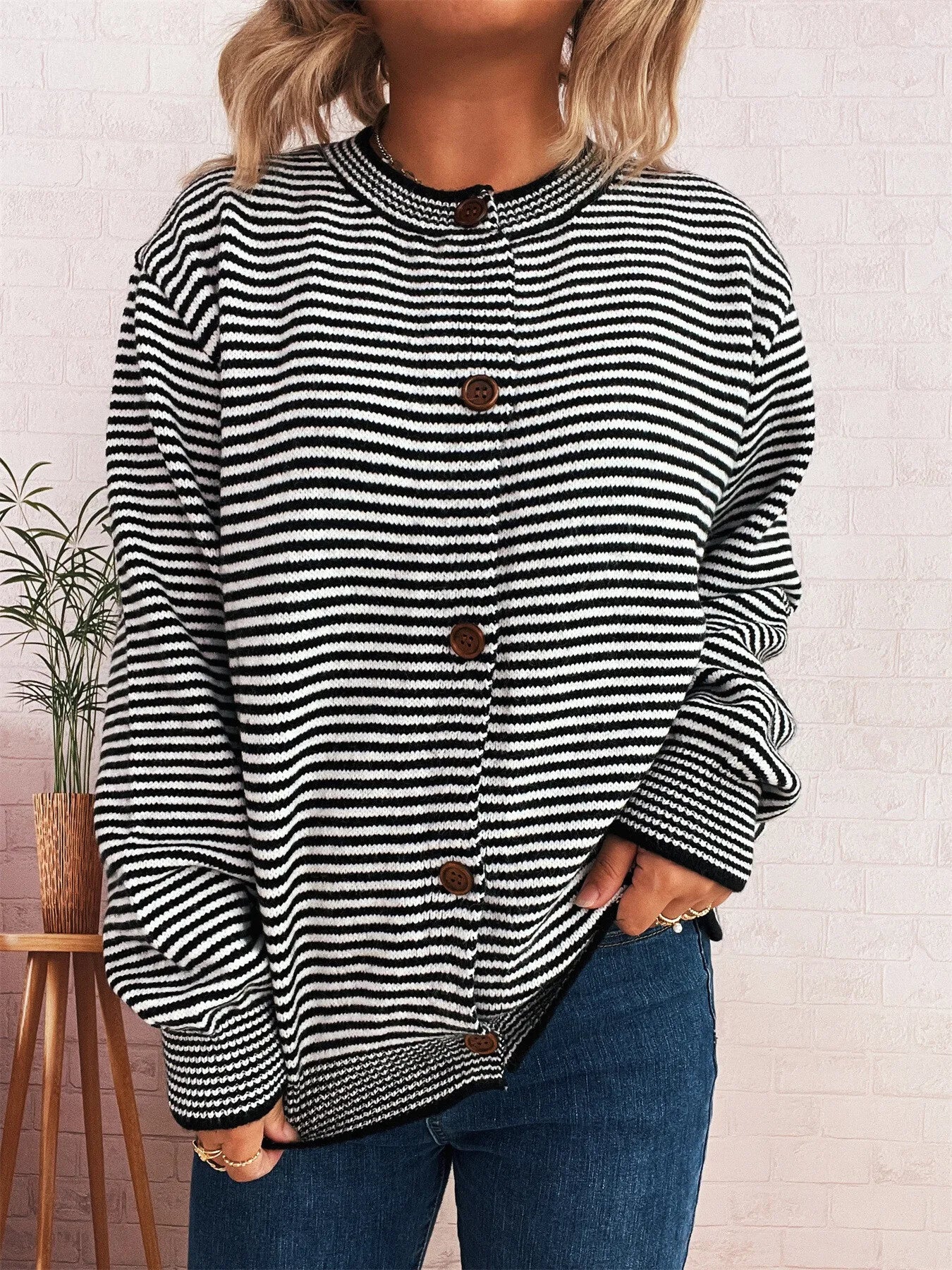 Striped Button Up Long Sleeve Cardigan Black One Size Easy Apparels