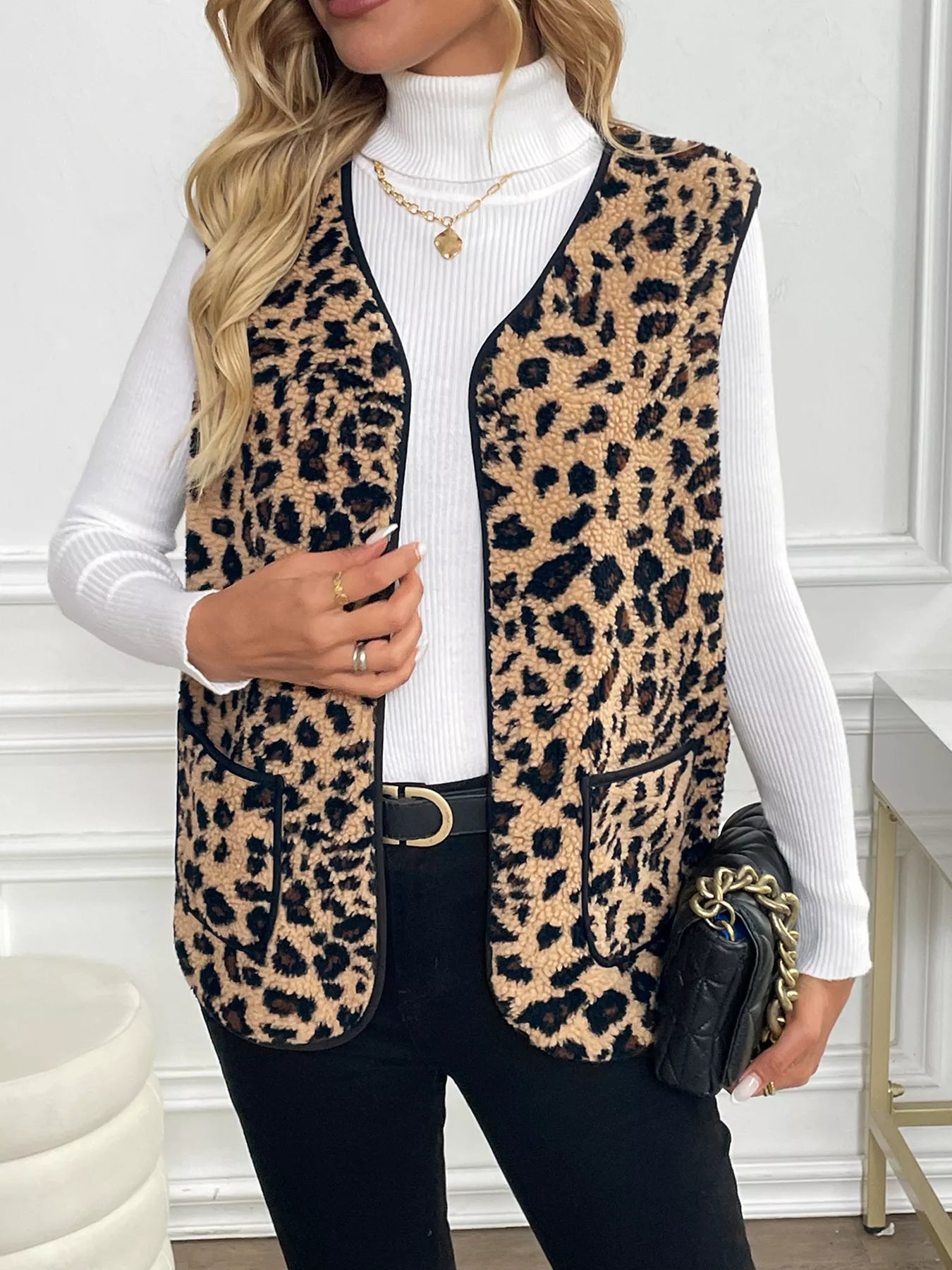 Leopard Fleece Vest Coat with Pockets Easy Apparels
