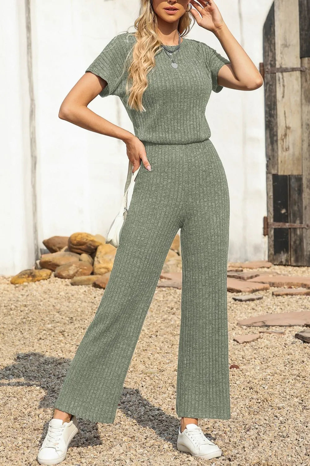 Ribbed Short Sleeve Wide Leg Jumpsuit Easy Apparels