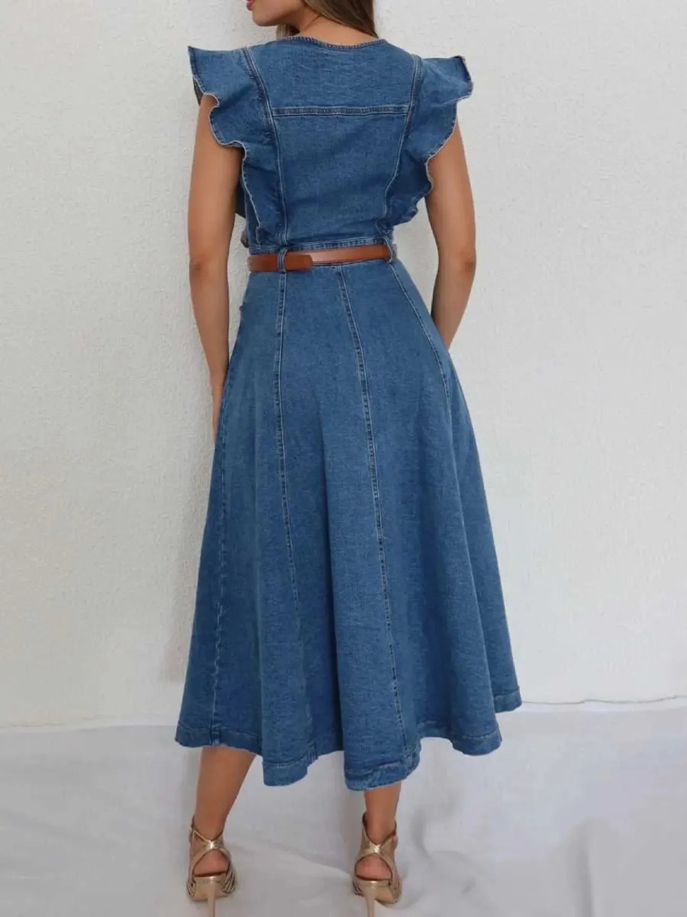 Button-Front Ruffle Sleeve Denim Midi Dress Easy Apparels