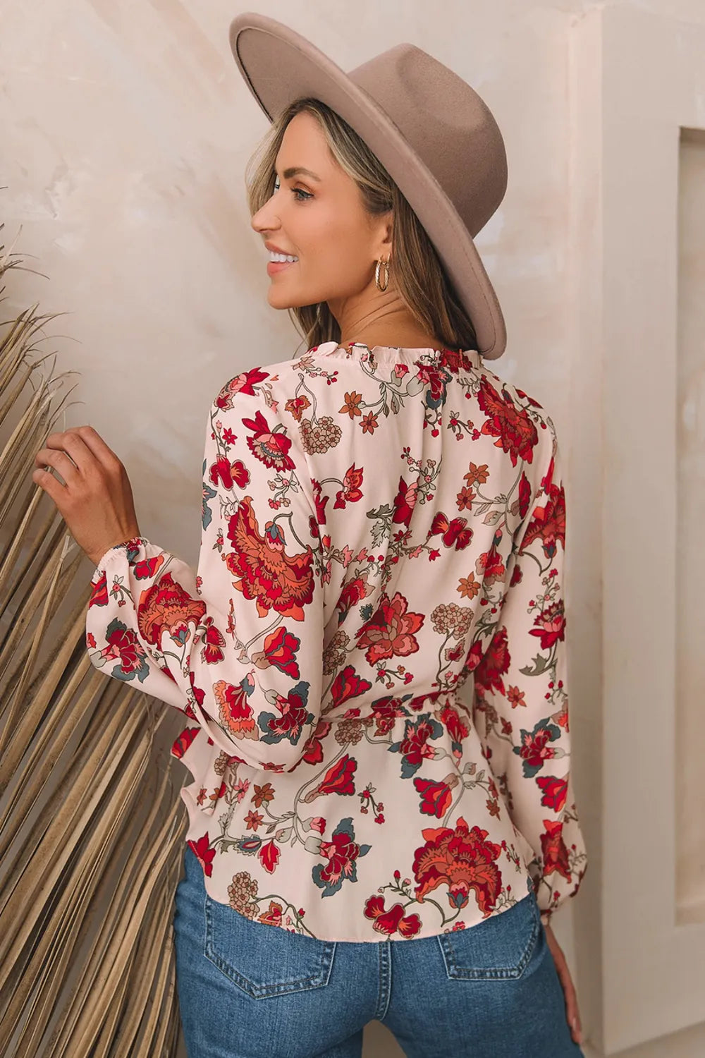 Trendsi Floral V-Neck Drawstring Peplum Blouse