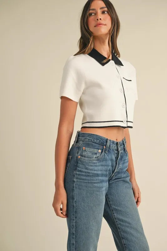 MABLE Button Down Contrast Collared Knit Cardigan Easy Apparels