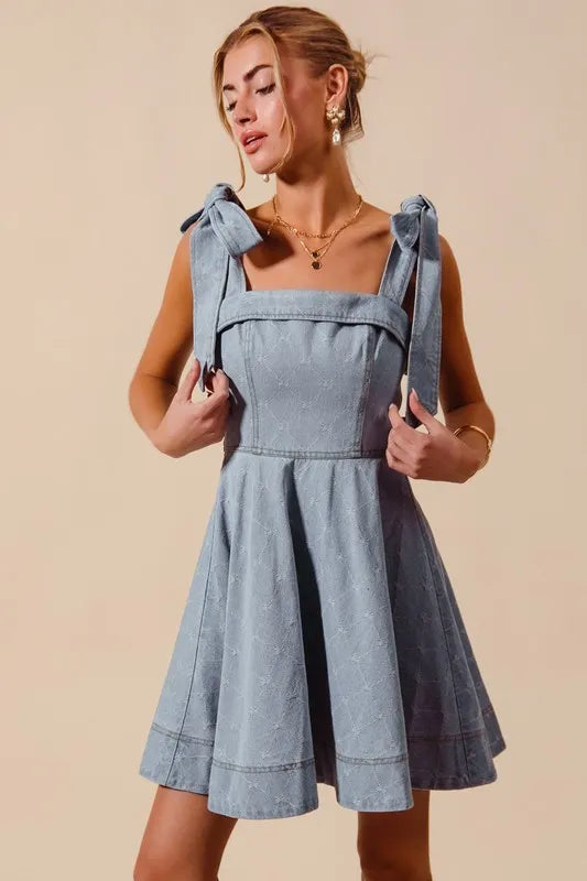 SO ME A Line Fit and Flare Diamond Bow Ribbon Denim Dres Easy Apparels