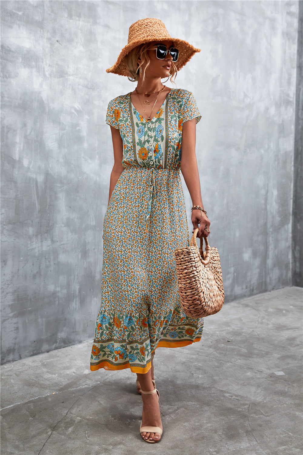 Trendsi V-Neck Short Sleeve Printed Maxi Dress
