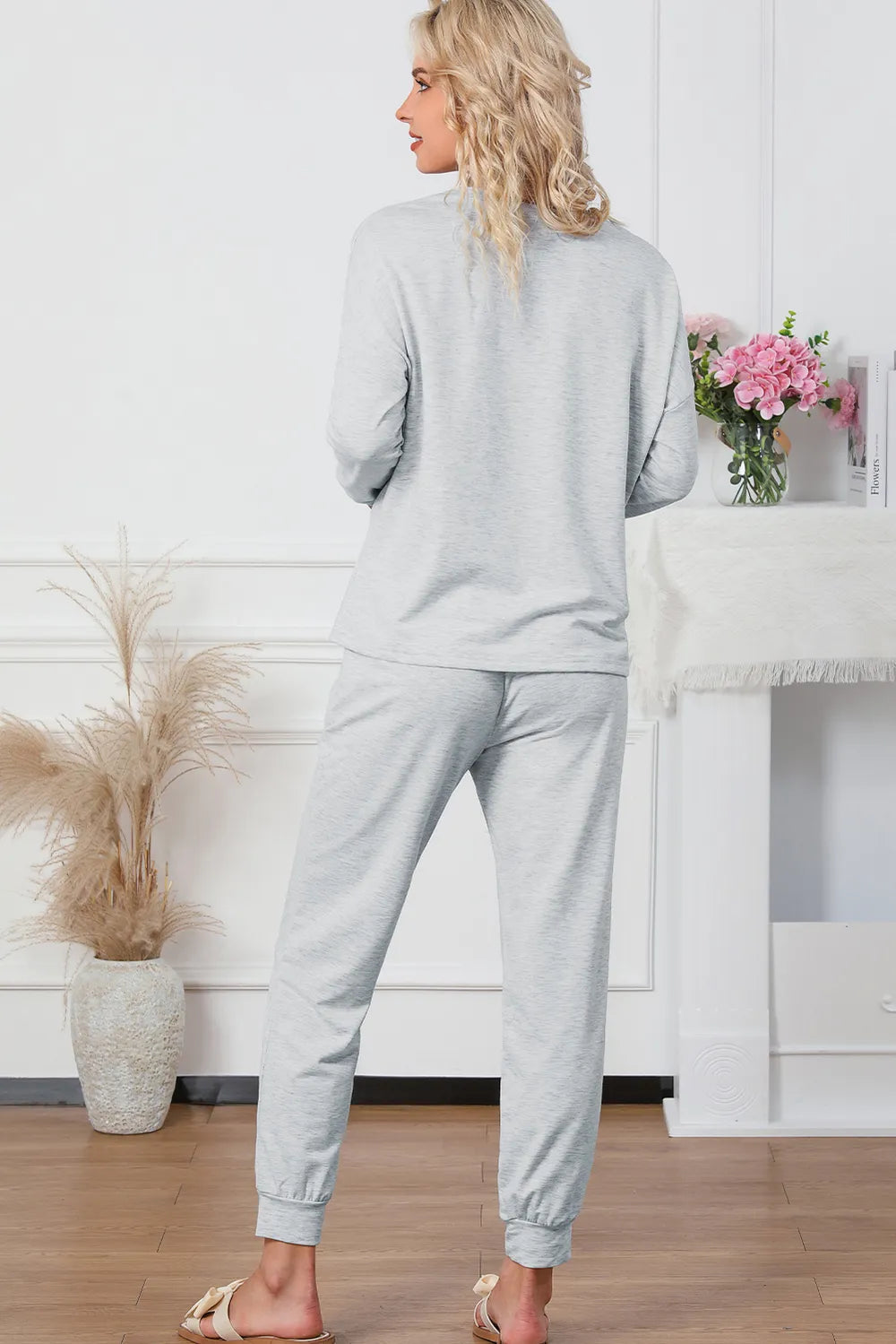 Round Neck Top and Drawstring Pants Lounge Set Easy Apparels