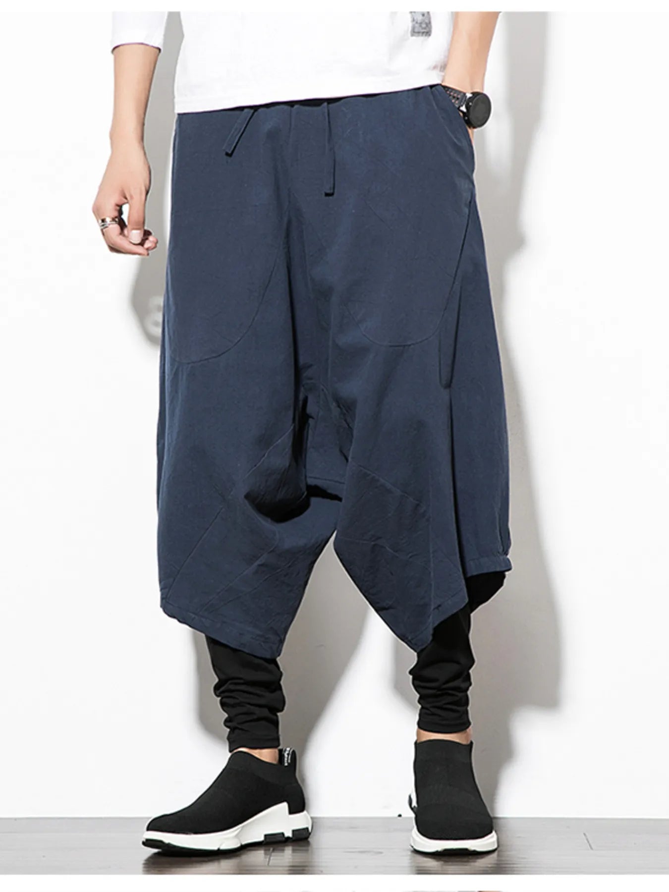 Men's Plus Size Wide Leg Drop Crotch Pants with Drawstring Navy Easy Apparels