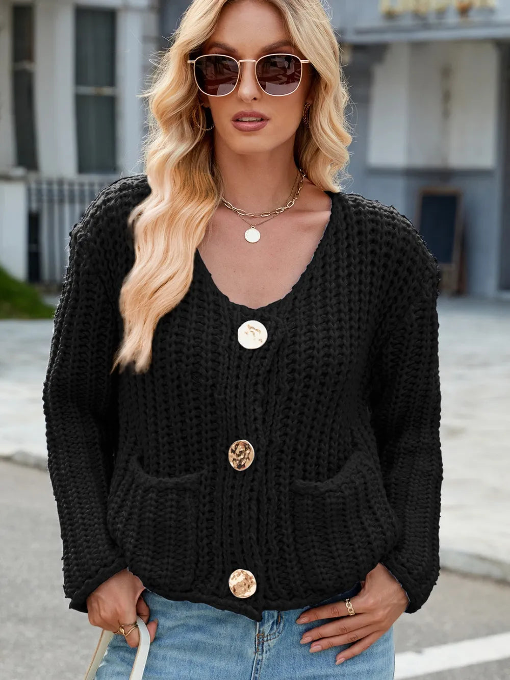 Round Neck Button Up Cardigan with Pockets Black Easy Apparels