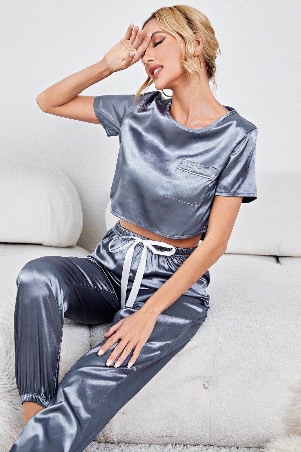 Satin Short Sleeve Crop Top and Joggers Lounge Set Easy Apparels