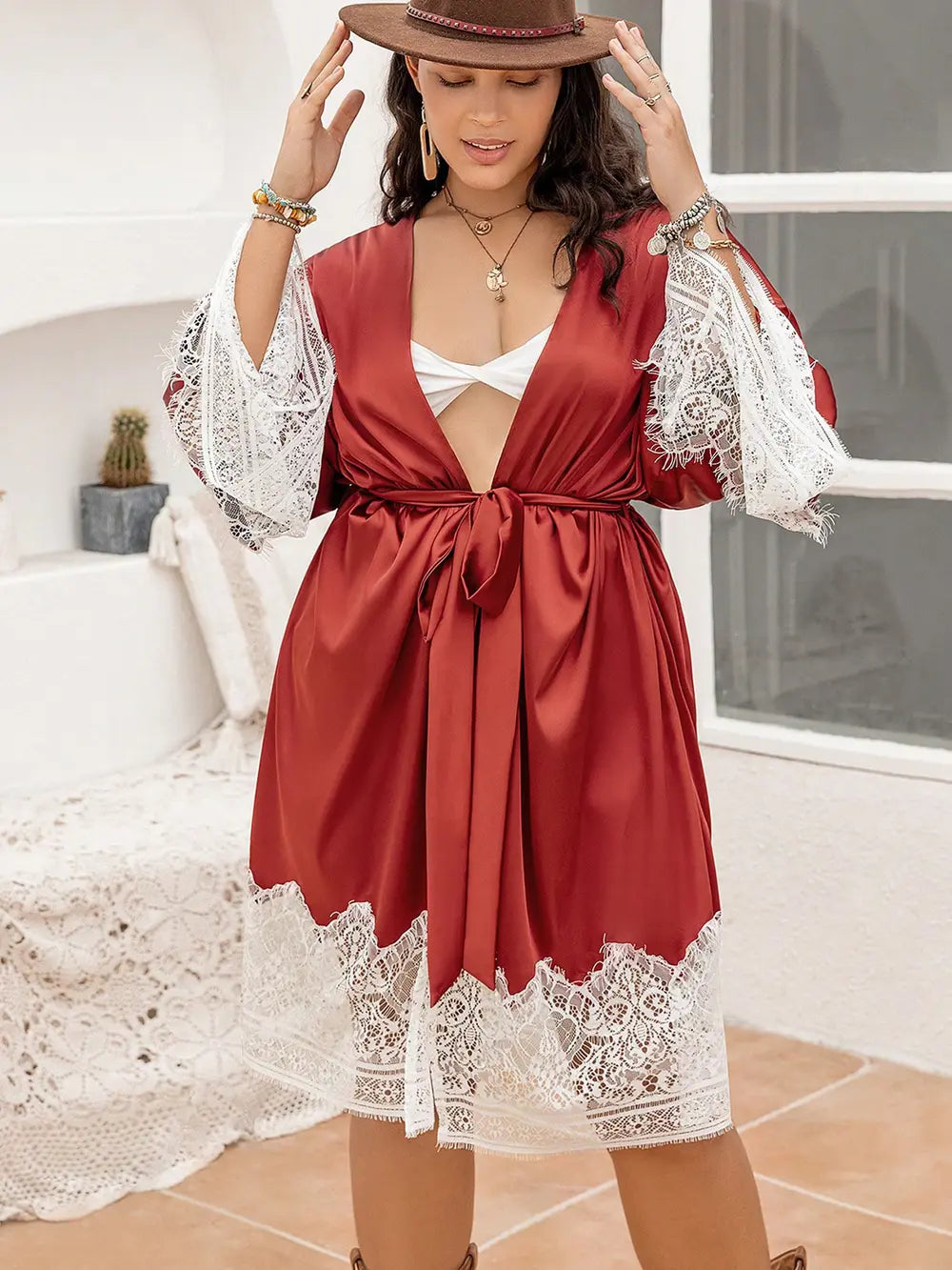 Plus Size Lace Patchwork Tie Front Robe Easy Apparels
