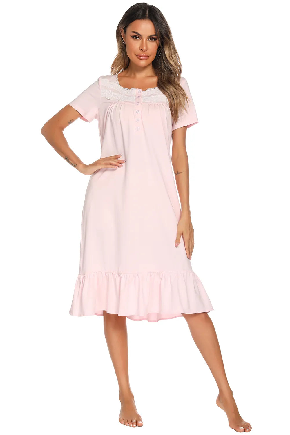 Lace Detail Square Neck Lounge Dress Easy Apparels