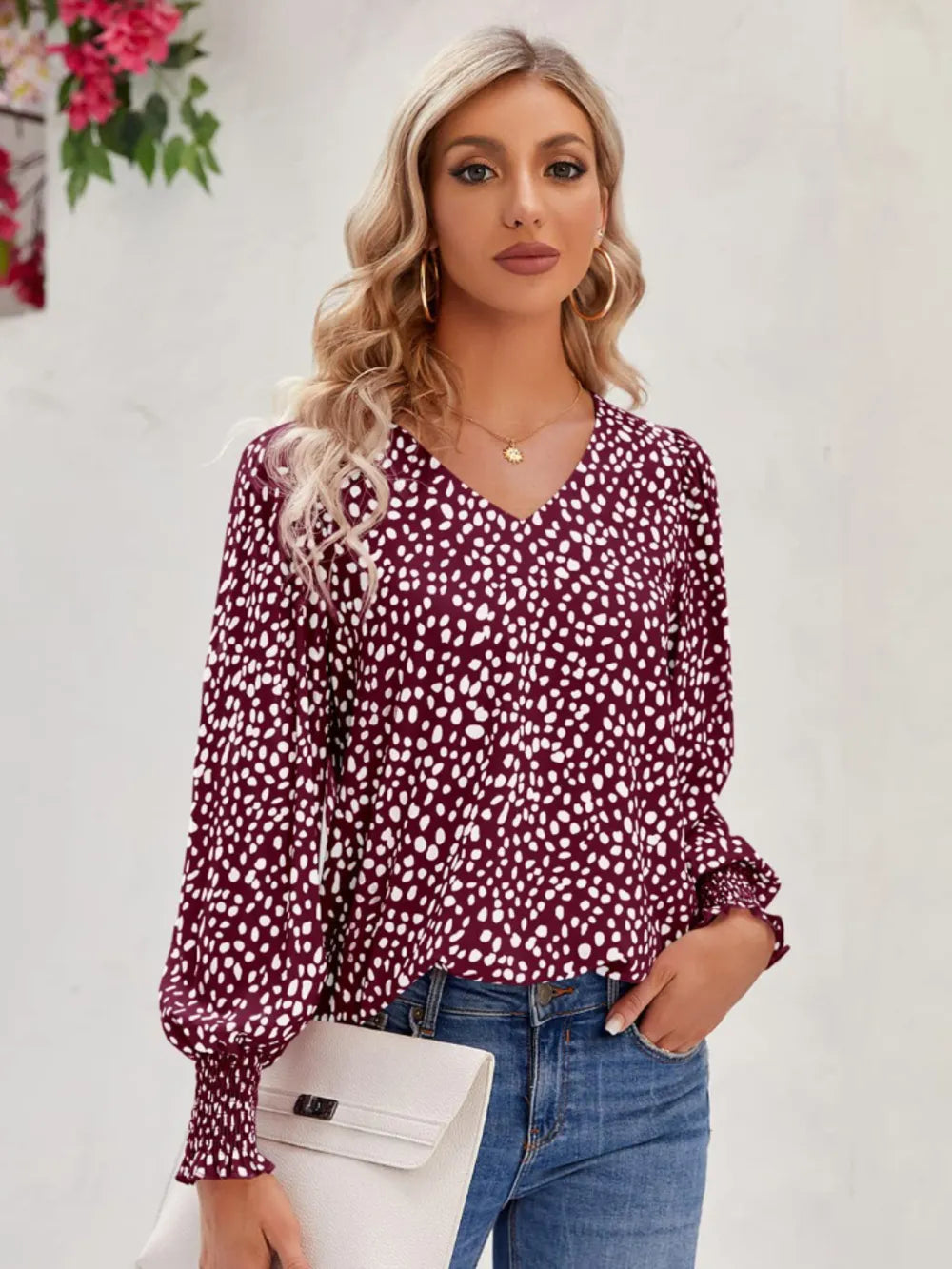 Trendsi Printed V-Neck Lantern Sleeve Blouse Burgundy